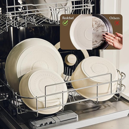 Redchef Truly Non Toxic Pots and Pans Set Non Stick, Ceramic Pot and Pan Set Non Stick, PFAS PTFE PFOA PFOS Free, Ceramic Kitchen Cookware Set with Detachable Handle, RV Camping with Frying Pans Set