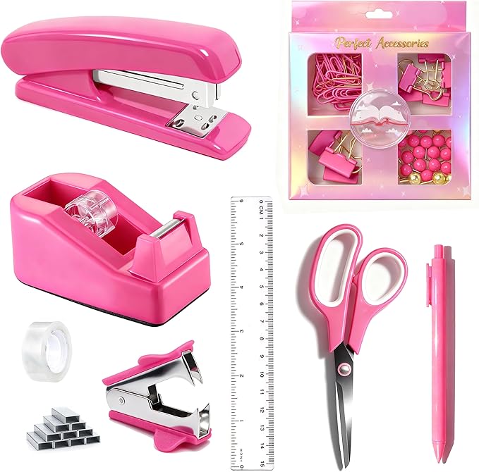 Hot Pink Desk Accessories, Hot Pink Office Supplies Accessories with Tape Dispenser, Stapler, Staple Remover, 1000 Staples, Tape, Clips Set, Ruler, Scissor, Pen