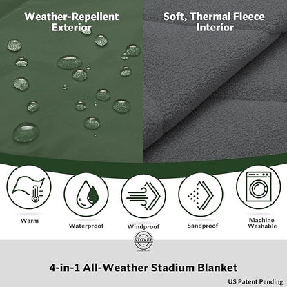 STOVER Large Waterproof Outdoor Stadium Blanket- Extra Thick Soft Fleece Camping Blanket for Travel, Picnics, Sports, Dogs 79"x55", Warm, Windproof, Sand-Proof, Lightweight, Packable (Game Day Green)