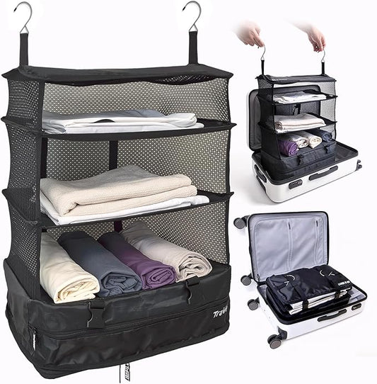 Grand Fusion Stow-N-Go Travel Luggage Organizer – Portable Hanging Travel Shelves, Carry-On Closet Organizer, Hanging Packing Cubes, Collapsible Carry-On Organizer for Cruises & Hotels. Black - XL