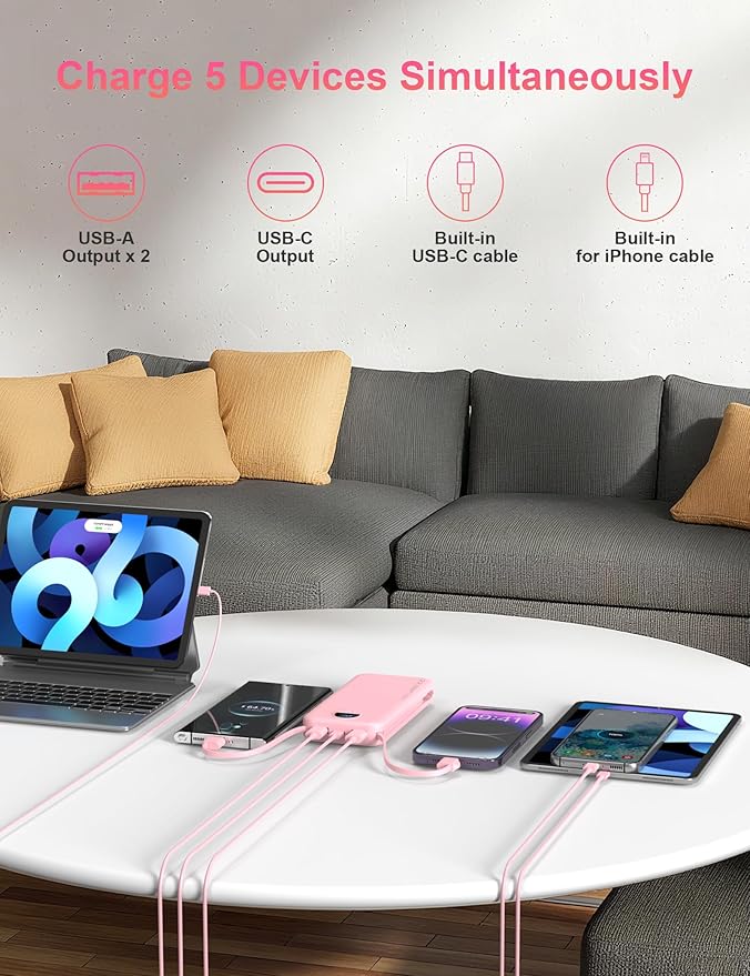 Portable Charger with Wall Plug, 12000mAh USB C Power Bank Fast Charging, External Battery Pack with Built in Cables, Digital Display, 5 Output 4 Input for iPhone Android Cell Phone Tablet