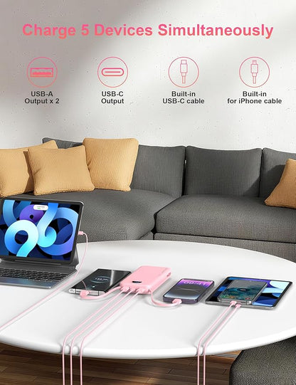 Portable Charger with Wall Plug, 12000mAh USB C Power Bank Fast Charging, External Battery Pack with Built in Cables, Digital Display, 5 Output 4 Input for iPhone Android Cell Phone Tablet