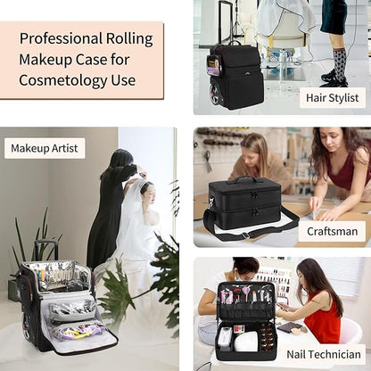 Large Makeup Train Case with a Large Makeup Travel Bag for Hairstylist, Hairdresser Bag with Detachable Pouch,Heat Insulation and Anti-scalding Full layer for Hairdressing Tool Organizer, Big wheels