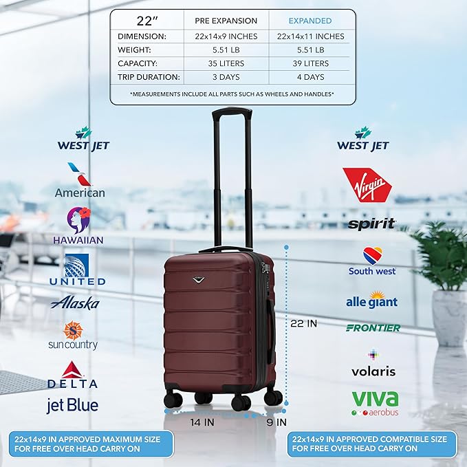 Flight Knight 22x14x9" Expandable Carry On Suitcase Hardside TSA Lock USB C Port Lightweight Luggage Silent Double Spinner Wheels Maximum Overhead Carry-On Bag For American & United Approved Airlines