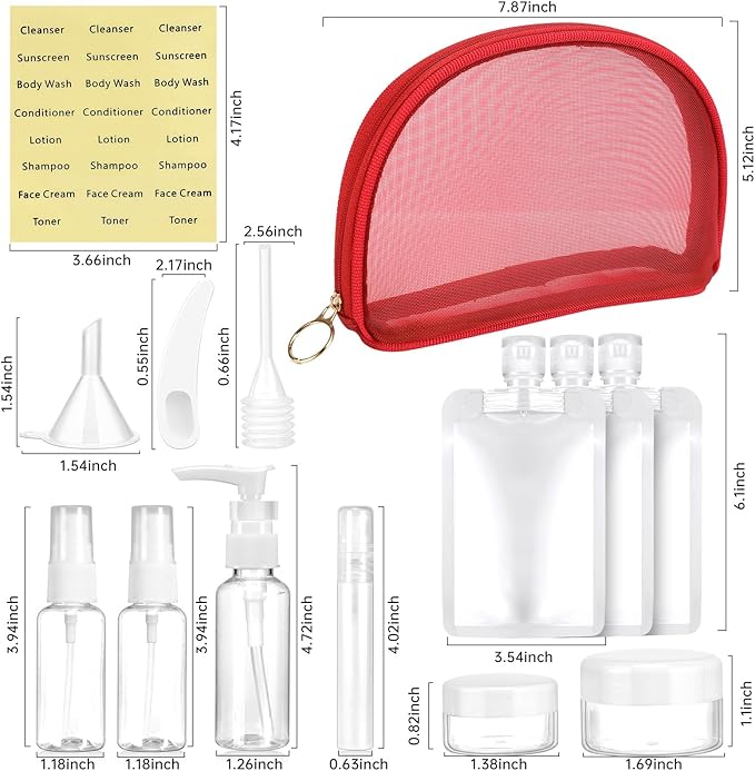 9-Pack Travel Bottles Set, Leak-Proof Refillable Containers with Clear Zipper Bag for Toiletries, Skincare, Shampoo, Lotion TSA Approved Mini Makeup Cosmetic Organizer Pouchfor Women Travel Essentials