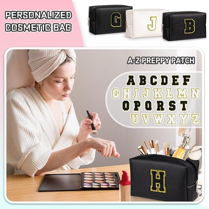 TOPEAST Preppy Stuff for Girls, Initial Makeup Bag Chenille Letter Pouch Cosmetic Bag with Zipper, PU Leather Waterproof Toiletry Bag, Cute Stuff Birthday Gift for Friends Sister (Black T)
