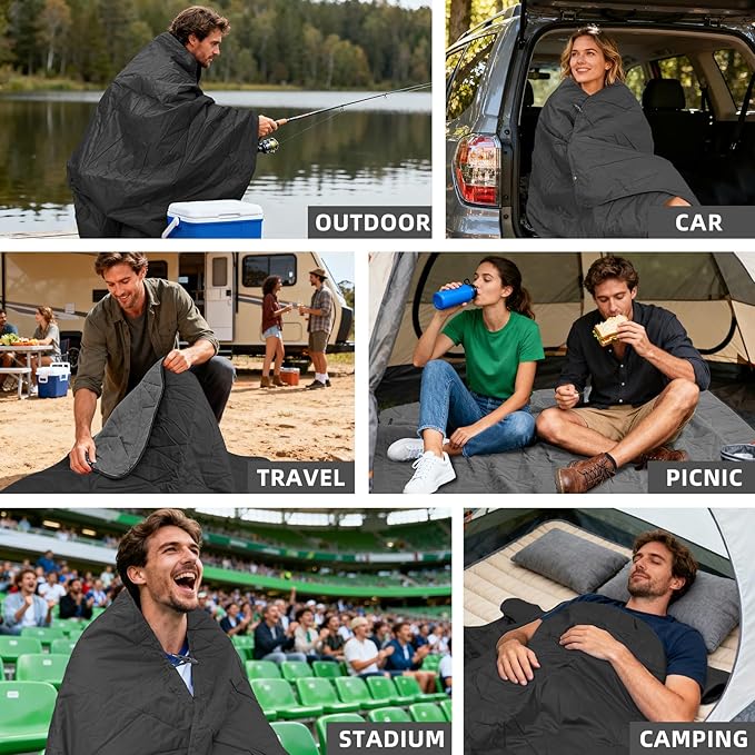 Outdoor Waterproof Blanket, Foldable Fleece Stadium Blanket for Outdoor Sports Event, Camping, Car, Pet, Picnics - Windproof, Wearable, Machine Washable 80" x 58" (Black Gray,Hooded)