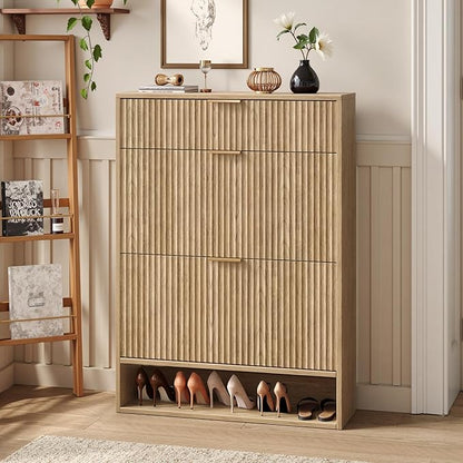 31.5''W Oak Shoe Storage Cabinet for Entryway with Drawers, Fluted Slim Shoe Cabinet with 2 Flip Drawers, Narrow Shoe Dresser Cabinet for Foyer, Hallway