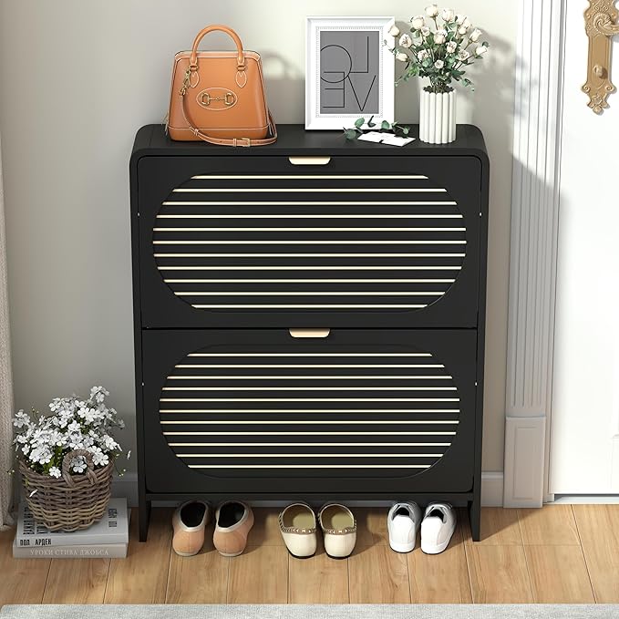 Wood Shoe Storage Cabinet with 2 Flip Drawer, Mid-Century Modern Shoe Cabinet Arched Fluted Pattern, Hidden Narrow Curved Corner Shoe Organizer for Entryway, Living Room (Black, No-Divider)