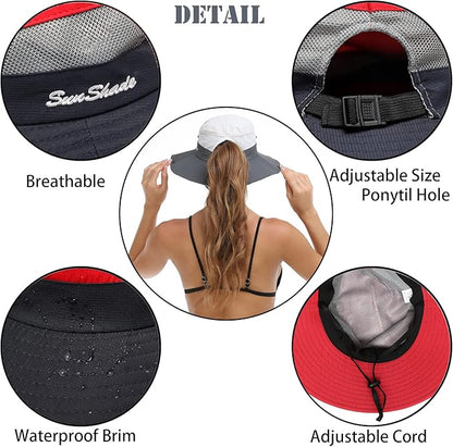 Womens Summer Sun Hat Beach Hat Wide Brim Outdoor UV Protection Hat Foldable Cool Mesh Ponytail Bucket Hat