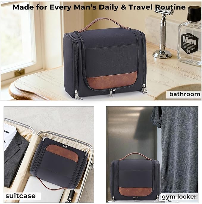 Large Hanging Toiletry Bag for Men, Travel Bathroom Bag with Hook, Hygiene Bag Organizer for Shower, Shaving & Grooming Essentials, Black