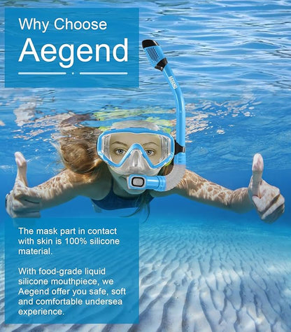 Aegend Snorkeling Gear for Adults Youth Kids, Dry Snorkel Set Panoramic View Enhanced Anti-Leak and Anti-Fog Technology, Adjustable Strap for Snorkeling Scuba Diving Swimming with Mesh Bag