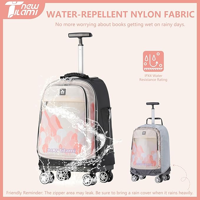 NEW TILAMI 19 Inch Rolling Backpack 360°rotating Universal Wheel, Large Organizer Compartments, Adjustable Handle, Carry on for School Students Business Travel, Pink Mountain Forest