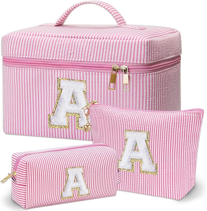 Personalized Monogram Makeup Bag, 3PCS Custom Monogrammed Toiletry Cosmetic Bag for 6-18 Teen Girls Women,Birthday Graduation Gifts Initial Pouch Makeup Bags for Women Girls, Make Up Bag (A, Pink)
