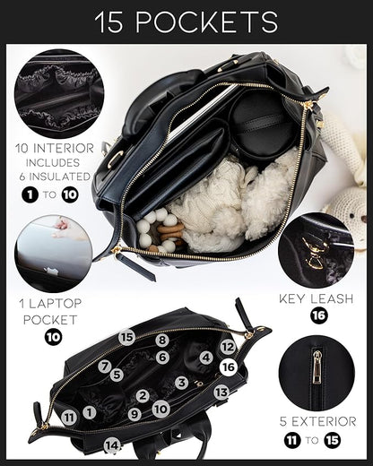 MIA + SOPHIA Leather Diaper Bag Backpack with USB Charging port, Changing Pad, Stroller Straps, and Bottle Holder (Black Sophia)