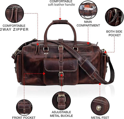 Leather Farm Travel Duffel Bags for Men & Women - Premium 24" Mens Weekender Overnight Gym Bag, Carry-On Luggage with Spacious Compartments, Stylish Leather Duffel Bag for Airplane, Sports & Trips