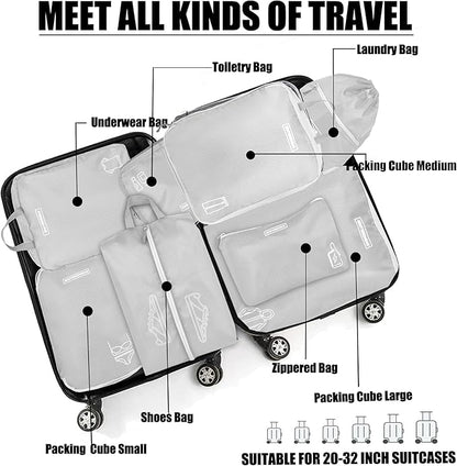 8 Set Expandable Compression Packing Cubes for Suitcases Travel Essentials Carry On Waterproof Storage Bag With Dry And Wet Separation Silvery
