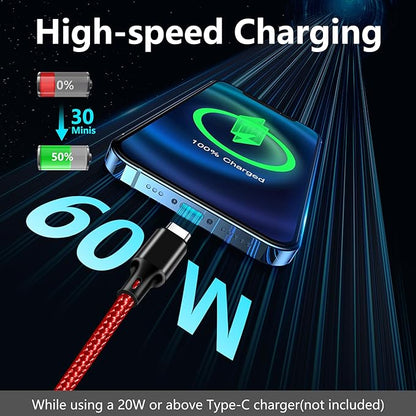 cugunu USB C to USB C Charger Cable, Nylon Braided 3Pack 60W 6.6FT Type C Fast Charging Cord Compatible for iPhone 15/16/17/Pro/Max/Plus, iPad, Air5, MacBook, Samsung, Google-Red