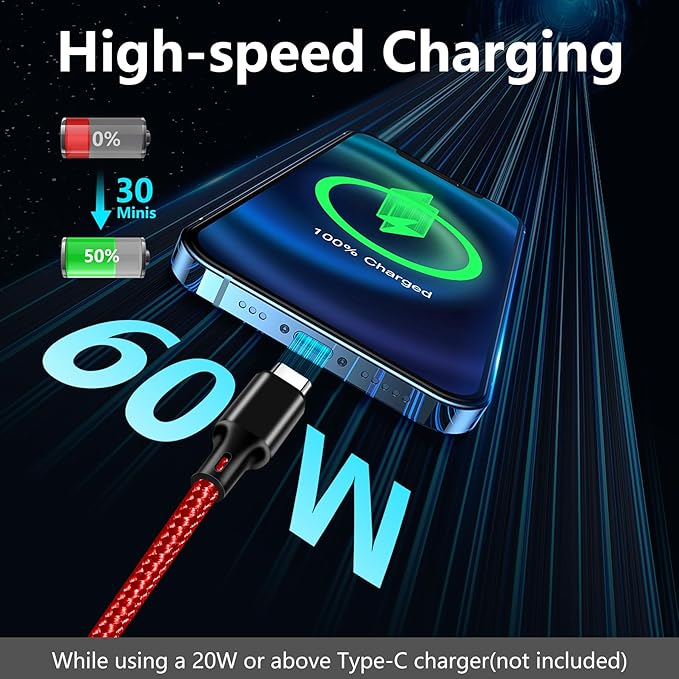 cugunu USB C to USB C Charger Cable, Nylon Braided 3Pack 60W 10FT Type C Fast Charging Cord Compatible for iPhone 15/16/17/Pro/Max/Plus, iPad, Air5, MacBook, Samsung, Google-Red