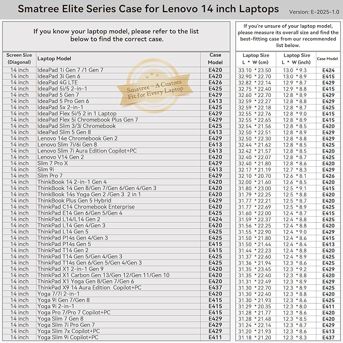 Smatree 14 inch Laptop Sleeve for Lenovo Yoga Slim 9i Copilot+PC Laptop Bag with Accessory Pocket, YKK Zipper, Patented Super Corner Design (E411)