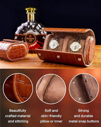 MR.OKAY 2 Watch Travel Case- Classic Leather Watch Case With Superb Texture.(Portable Watch Roll Or Organizer For Storage And Display).Festival Gift For Men, All Handcrafted By Artisans.
