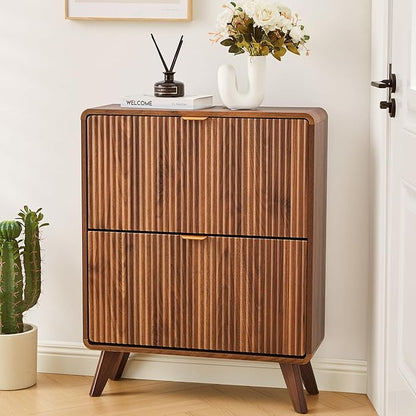 RARZOE Fluted Shoe Storage Cabinet with 2 Flip Drawers, Narrow Curved Shoe Cabinet for Entryway, Freestanding Wood Hidden Shoe Organizer Closed Shoe Rack Cabinet for Foyer, Hallway (27.5''Walnut)