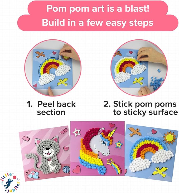Little Jupiter DIY Pom Pom Art - Makes 3 Pieces -Boy & Girl Crafts for Kids Age 3-5 - Toddler Crafts - Pom Pom Art Projects for Kids 3-5 - (Set 2-Unicorn, Rainbow, Cat)