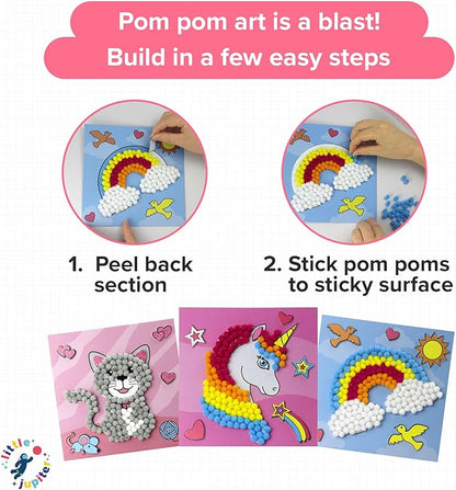 Little Jupiter DIY Pom Pom Art - Makes 3 Pieces -Boy & Girl Crafts for Kids Age 3-5 - Toddler Crafts - Pom Pom Art Projects for Kids 3-5 - (Set 2-Unicorn, Rainbow, Cat)