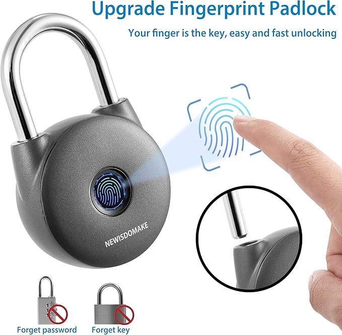 Fingerprint Padlock, Smart Lock with Key Backup, Waterproof for Gym, Luggage, Bookcase, Suitcase, Backpack, Bike, School Locker (Gray)