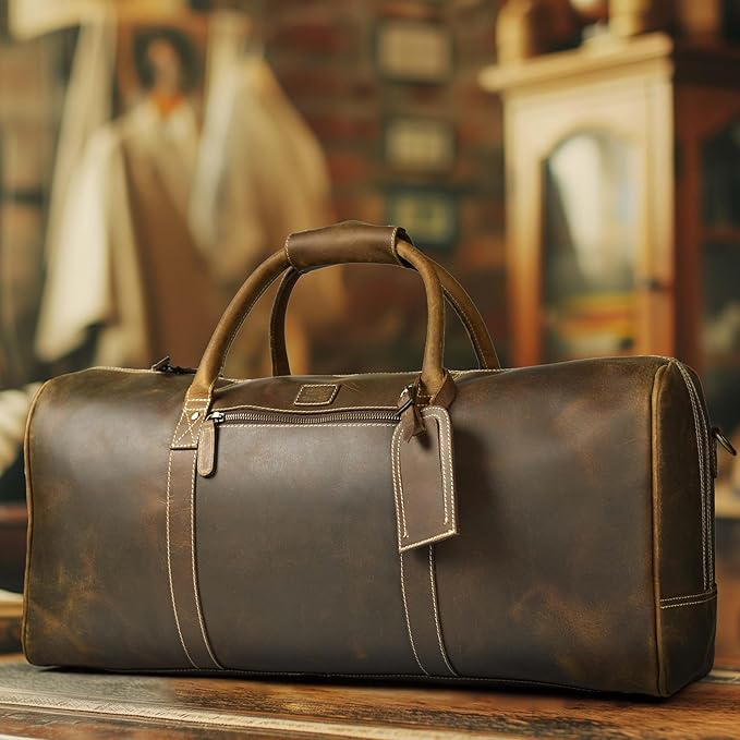 Leather Village Premium Leather Duffel Bags for Men & Women-Stylish Travel Weekender Carry-On Sports Gym Overnight Luggage Bag - 24 Inch - Olive/Army Green