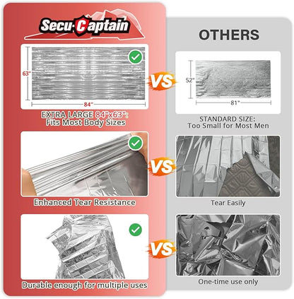 SecuCaptain Survival Emergency Thermal Blankets: Extra Large 84” x63” Space Mylar Blanket Kit for Outdoor Cold Winter Camping Hiking Car Bug Out Bag or First Aid - 4 Pack