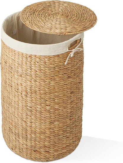 Casafield Round Laundry Hamper with Lid and Removable Liner Bag - Natural, Woven Water Hyacinth Wicker Laundry Basket for Clothes and Towels