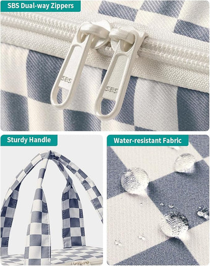 Narwey Large Travel Toiletry Bag, Wide-open Travel Bag for Toiletries, Toiletry Bags for Traveling Women,Cosmetic Make Up Makeup Bag Organizer with Wet Pocket, Skincare Bag (Greyish Blue Checkerboard)