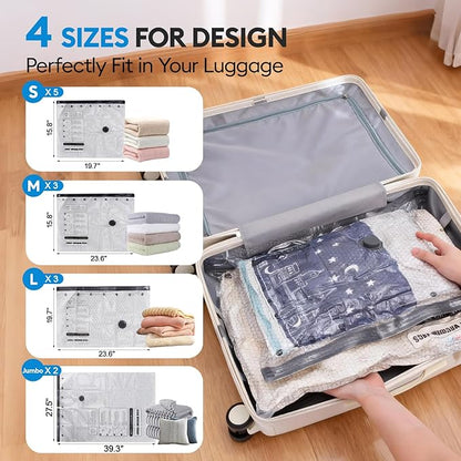 Vacuum Seal Bags for Clothing Travel with Electric Pump, Space Saver Vacuum Storage Bags Sealed, 13 Pack Compression Packing Bags for Luggage, Blankets Clothes, Comforter (2 Jumbo+3 L+3 M+5 S)