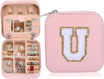 Small Jewelry Box Travel Jewelry Case Jewelry Holder Organizer,Travel Essentials Box Jewelry Organizer,Personalized Birthday Gifts for Teen Girls Women Initial U