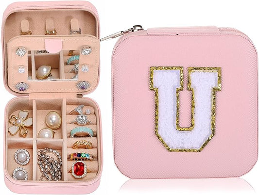 Small Jewelry Box Travel Jewelry Case Jewelry Holder Organizer,Travel Essentials Box Jewelry Organizer,Personalized Birthday Gifts for Teen Girls Women Initial U