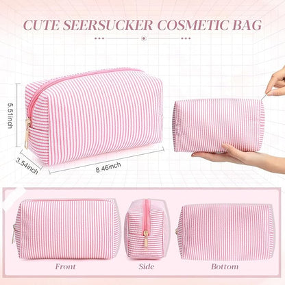 Sanwuta 6 Pcs Seersucker Cosmetic Bags Bulk Seersucker Makeup Bags Stripe Women Pouch Large Preppy Storage Pouch Toiletry Travel Organizer for Wedding Bridesmaid Bride Favor Mom Gift (Pink)