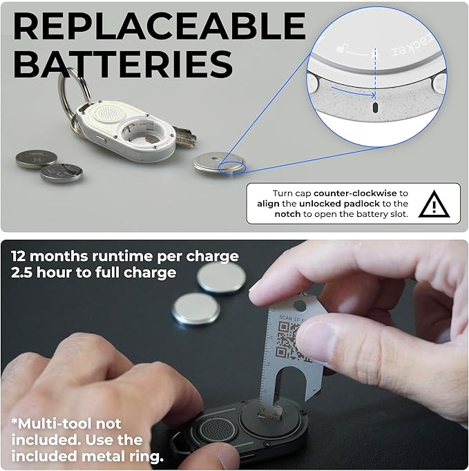 Rolling Square AirNotch Pro – Android Find Hub Only - Bluetooth Tracker Keychain, Replaceable Batteries, Loud 360° Sound, Anti-Loss Locator, Glow-in-The-Dark, Waterproof, White