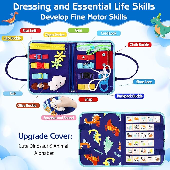 Esjay Toddler Busy Board Montessori Toys for Boys, Sensory Book Educational Activities for Learning Fine Motor Skills, Birthday Gifts for Boys Toddlers, Travel Toys for Airplane Car, Blue Dinosaur