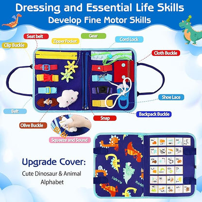 Esjay Toddler Busy Board Montessori Toys for Boys, Sensory Book Educational Activities for Learning Fine Motor Skills, Birthday Gifts for Boys Toddlers, Travel Toys for Airplane Car, Blue Dinosaur