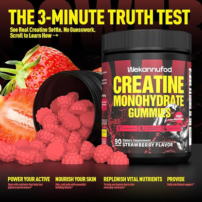 Creatine Monohydrate Gummies for Men & Women,5000MG Creatine Gummy Sugar Free. Boost Focus,Strength, and Endurance, Anti-Melting Formula, Vegan, Gluten-Free, Non-GMO,(Strawberry 90 ct)