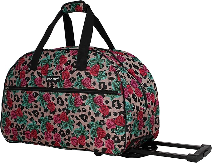Betsey Johnson Designer Carry On Luggage Collection - Lightweight Pattern 22 Inch Duffel Bag- Weekender Overnight Business Travel Suitcase with 2- Rolling Wheels (One Size, Leopard Rose)