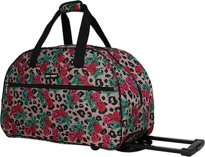 Betsey Johnson Designer Carry On Luggage Collection - Lightweight Pattern 22 Inch Duffel Bag- Weekender Overnight Business Travel Suitcase with 2- Rolling Wheels (One Size, Leopard Rose)