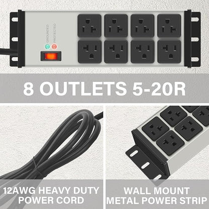 CCCEI Heavy Duty Power Strip Surge Protector 20 AMP, 8 Outlets 12 Gauge Industrial Shop Garage Metal Multiple Outlets, 10 FT Extension Cord 5-15P Adapter High Amp 6-20R T-Slot 20a for Appliance