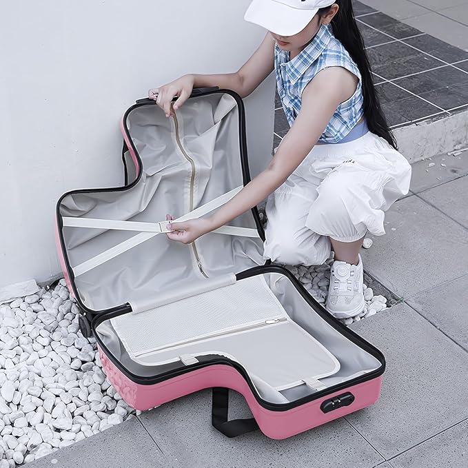 4-Wheel Carry On Luggage with Seat for Kids with Seat and Safety Belt, Large Capacity Hard Shell Suitcase Durable Rolling Luggage 4 Spinner Wheels, Waterproof Pocket, Adjustable Handle Pink