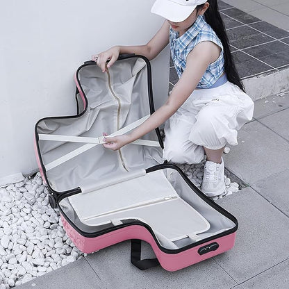 4-Wheel Carry On Luggage with Seat for Kids with Seat and Safety Belt, Large Capacity Hard Shell Suitcase Durable Rolling Luggage 4 Spinner Wheels, Waterproof Pocket, Adjustable Handle Pink