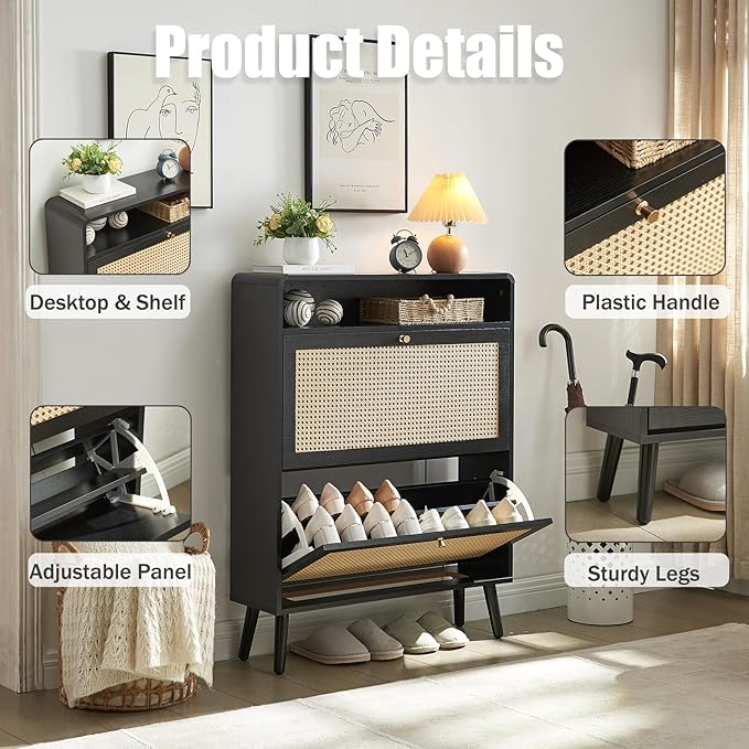 Rattan Shoe Cabinet with 2 Flip Drawers, 32 Pairs Narrow Shoe Storage Cabinet for Entryway Freestanding Hidden Shoe Rack, Modern Slim Wood Shoe Organizer for Hallway, Black