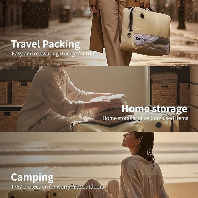 Vacuum Compression Bags for Travel with Pump Reusable for Carry-on Suitcase Backpack Home Storage, IP67 Waterproof, Wide Opening, Transparent Window (2 Pack + Pump Beige)