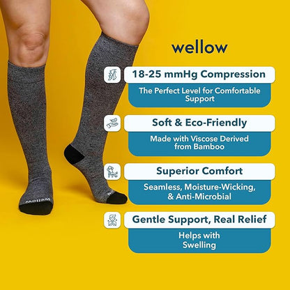 Wellow Premium Socks (Compression Socks - Regular) for Men & Women, Made with Viscose from Bamboo, Knee High, 18-25 mmHg