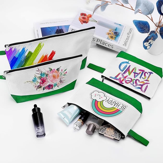10 Pieces Cotton Canvas Makeup Bag with Bottom and Strap, Multi-Purpose Cosmetic Bag with Zipper Travel Toiletry Pouch, Blank DIY Craft Bag (White&Green, L)